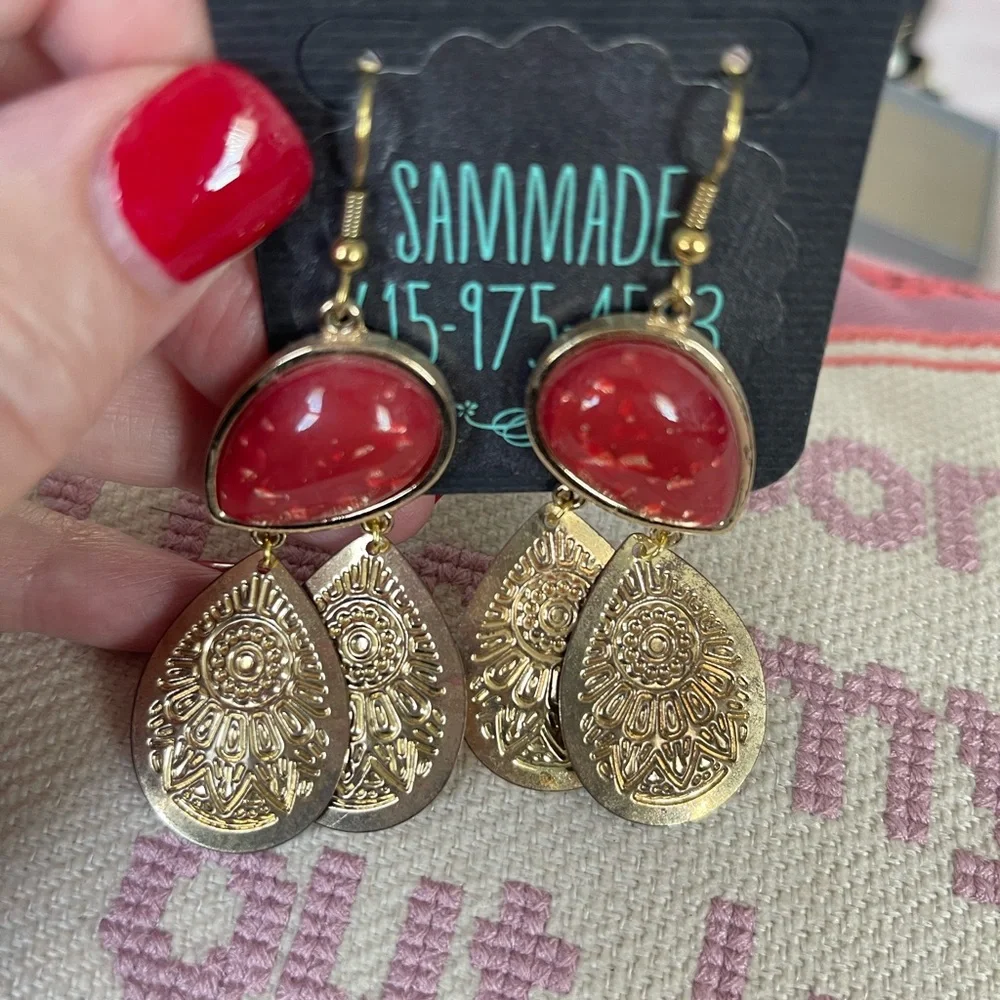 BoHo Gold and Orange Red Dangle Earrings - Picture 2 of 6